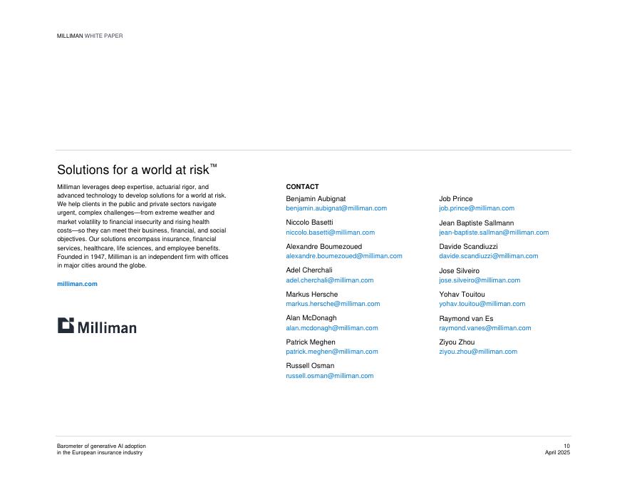 Milliman：2025年欧洲保险行业生成式人工智能采用情况晴雨表（英文版）_第10页