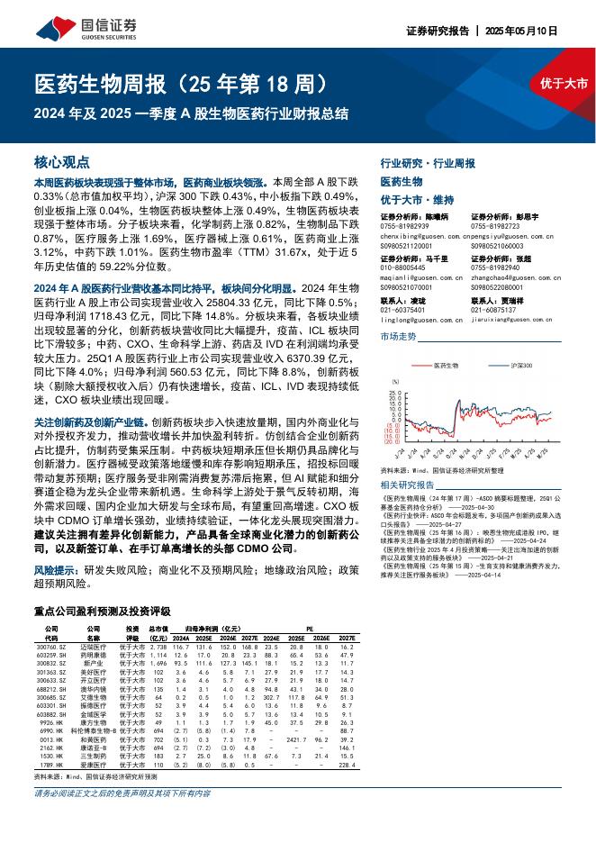国信证券：医药生物行业周报（25年第18周）：2024年及2025一季度A股生物医药行业财报总结海报