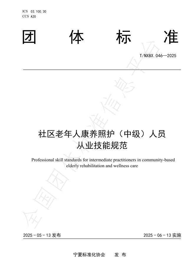T/NXBX 046-2025 社区老年人康养照护（中级）人员 从业技能规范