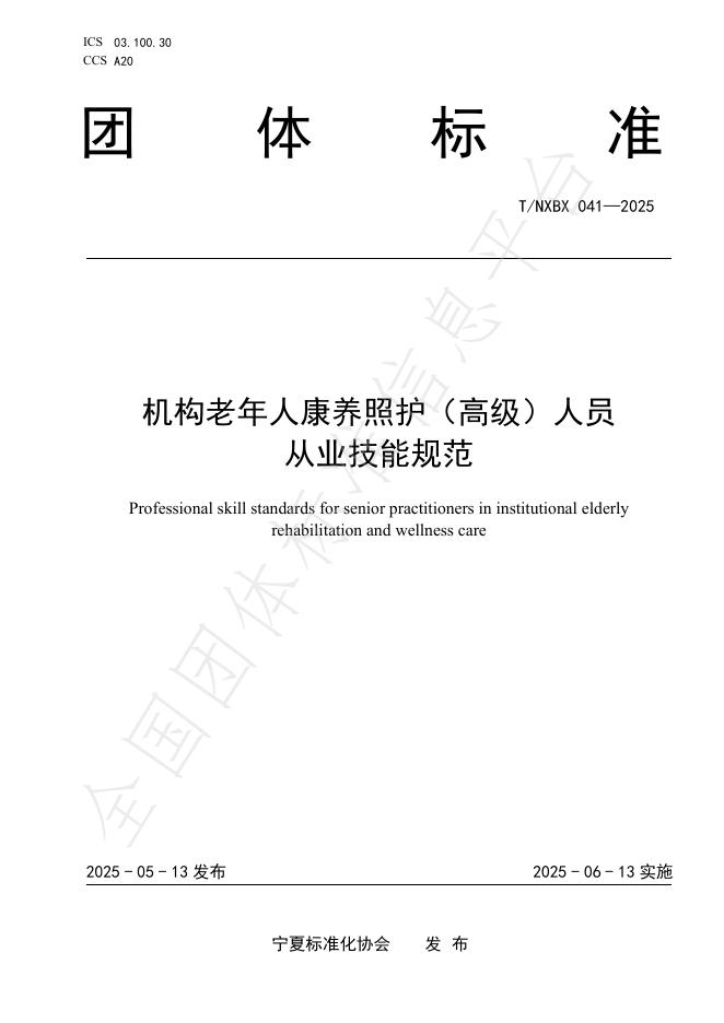 T/NXBX 041-2025 机构老年人康养照护（高级）人员 从业技能规范
