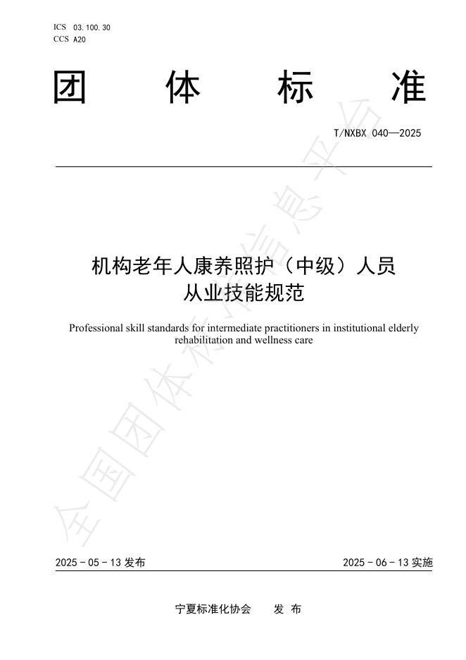 T/NXBX 040-2025 机构老年人康养照护（中级）人员 从业技能规范