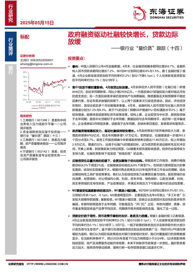 东海证券：银行业“量价质”跟踪（十四）：政府融资驱动社融较快增长，贷款边际放缓海报