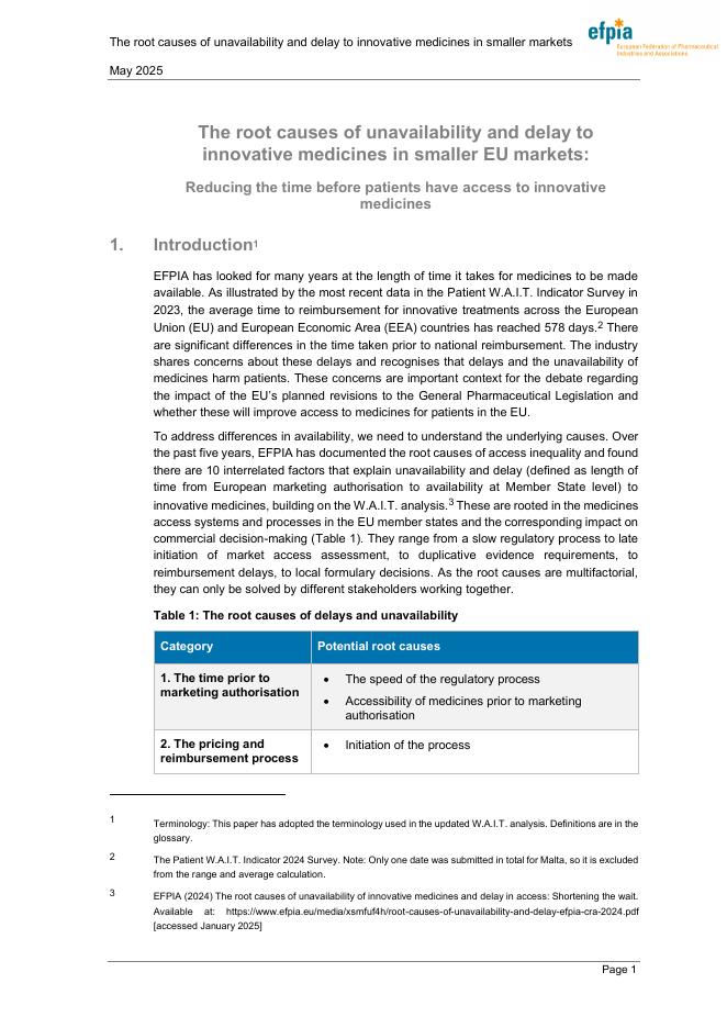 EFPIA：2025年在较小的欧盟市场，创新药物不可用和延迟的根源：缩短患者获得创新药物的时间报告（英文版）