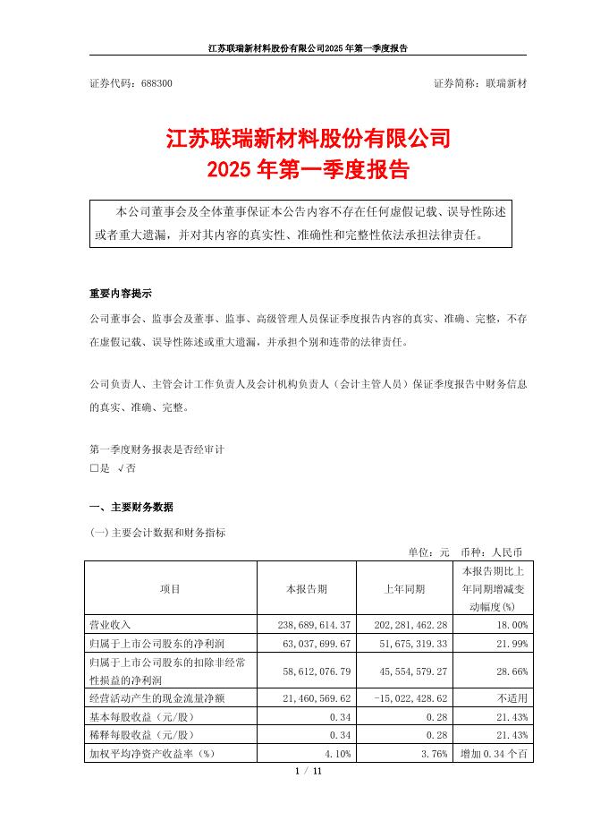 688300-联瑞新材：联瑞新材2025年第一季度报告(更正后)