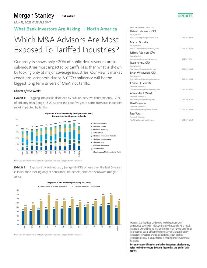 Morgan Stanley：2025年哪些并购顾问最容易受到关税行业的影响：银行投资者在问什么报告（英文版）海报