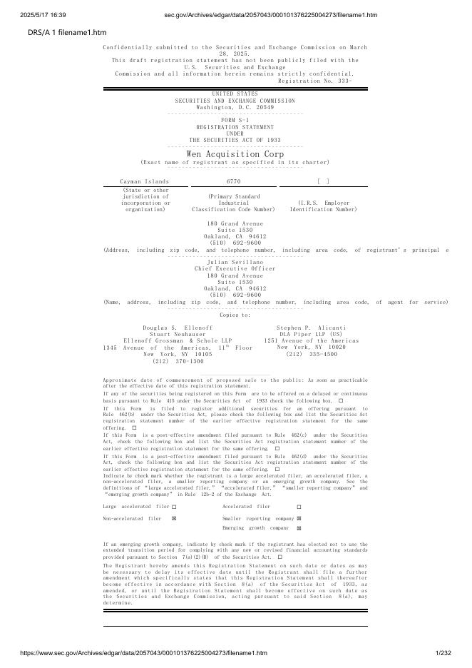 Wen Acquisition Corp美股纳斯达克IPO上市招股说明书海报