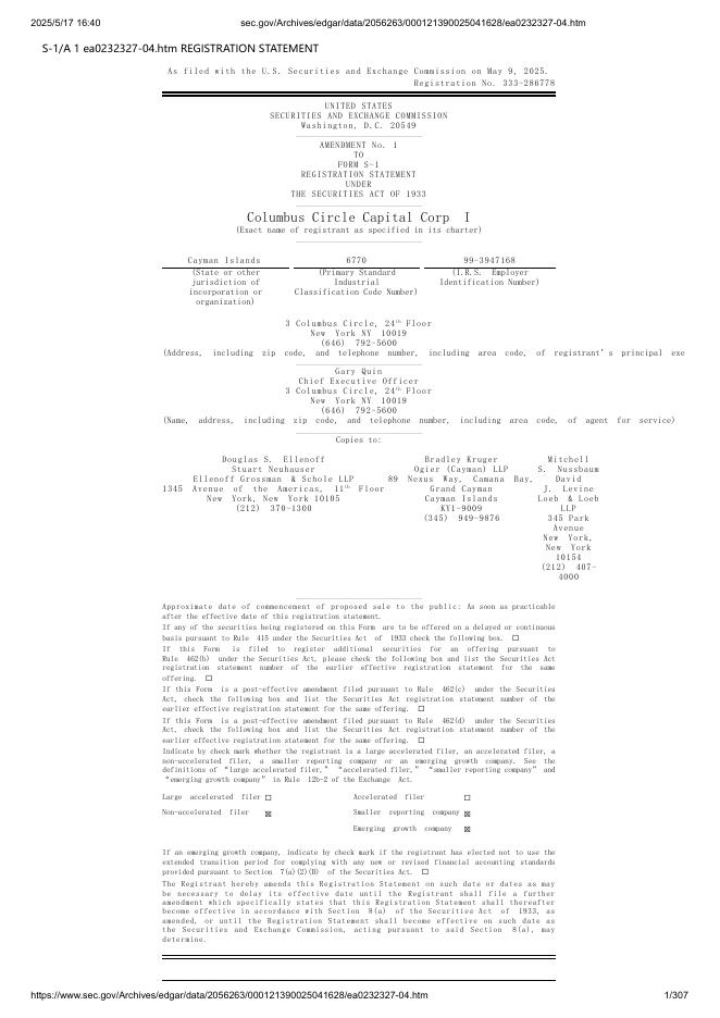 Columbus Circle Capital Corp I美股纳斯达克IPO上市招股说明书海报