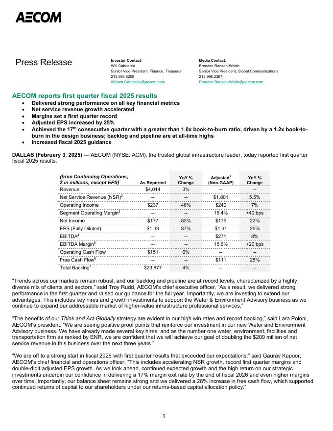 艾奕康AECOM：2025财年第一季度业绩报告（英文版）