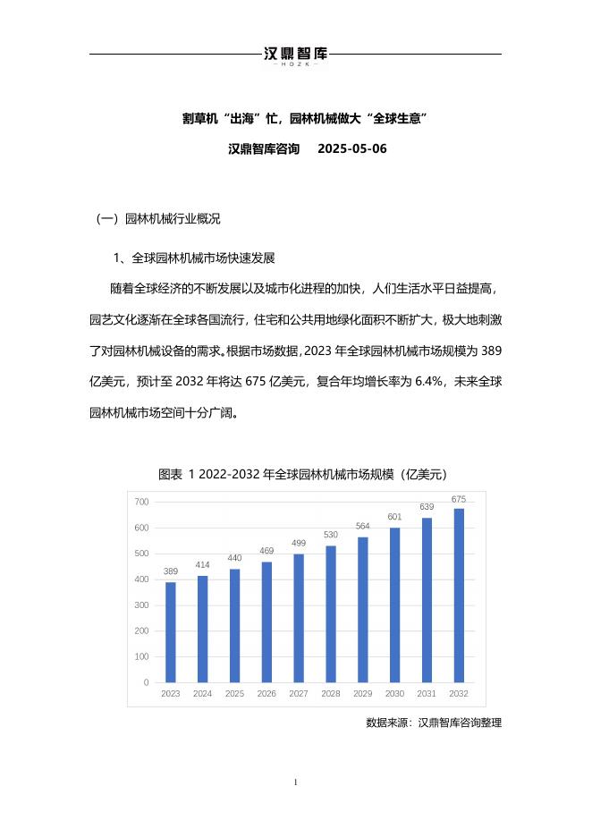 汉鼎智库：2025年割草机“出海”忙，园林机械做大“全球生意”报告