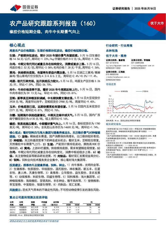 国信证券：农产品研究跟踪系列报告（160）：橡胶价格短期企稳，肉牛中长期景气向上