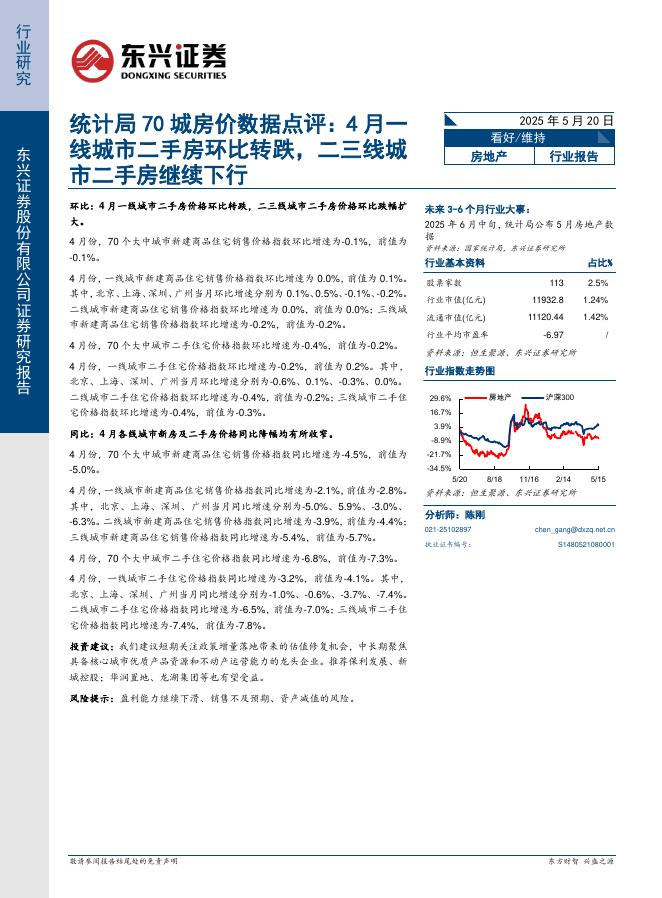 东兴证券：统计局70城房价数据点评：4月一线城市二手房环比转跌，二三线城市二手房继续下行海报