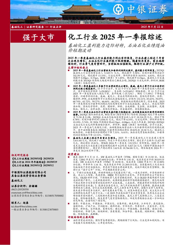 中银证券：化工行业2025年一季报综述：基础化工盈利能力边际好转，石油石化业绩随油价短期波动海报