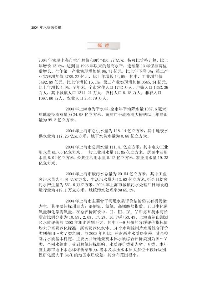 2004年上海市水资源公报