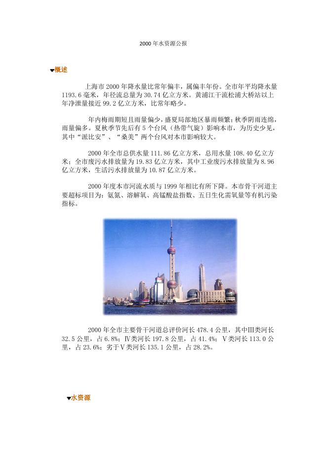 2000年上海市水资源公报
