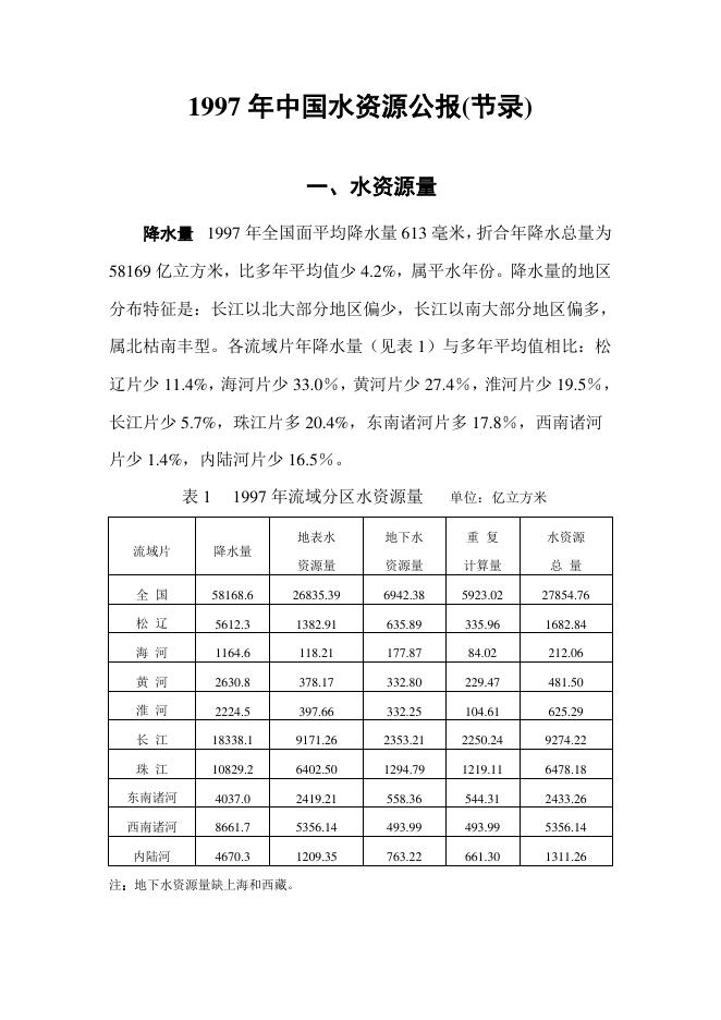 1997年中国水资源公报