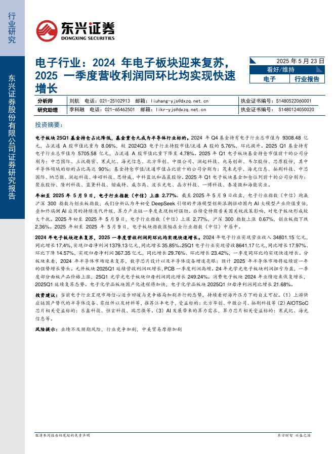 东兴证券：电子行业：2024年电子板块迎来复苏，2025一季度营收利润同环比均实现快速增长海报
