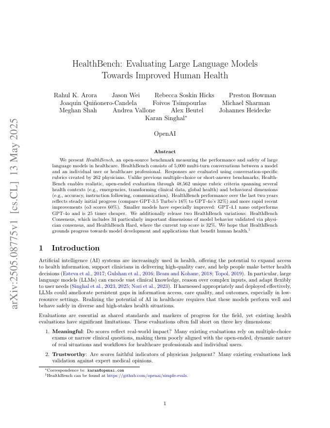 OpenAI：开源基准测试工具HealthBench：大型语言模型在医疗领域的性能和安全性评估（英文版）