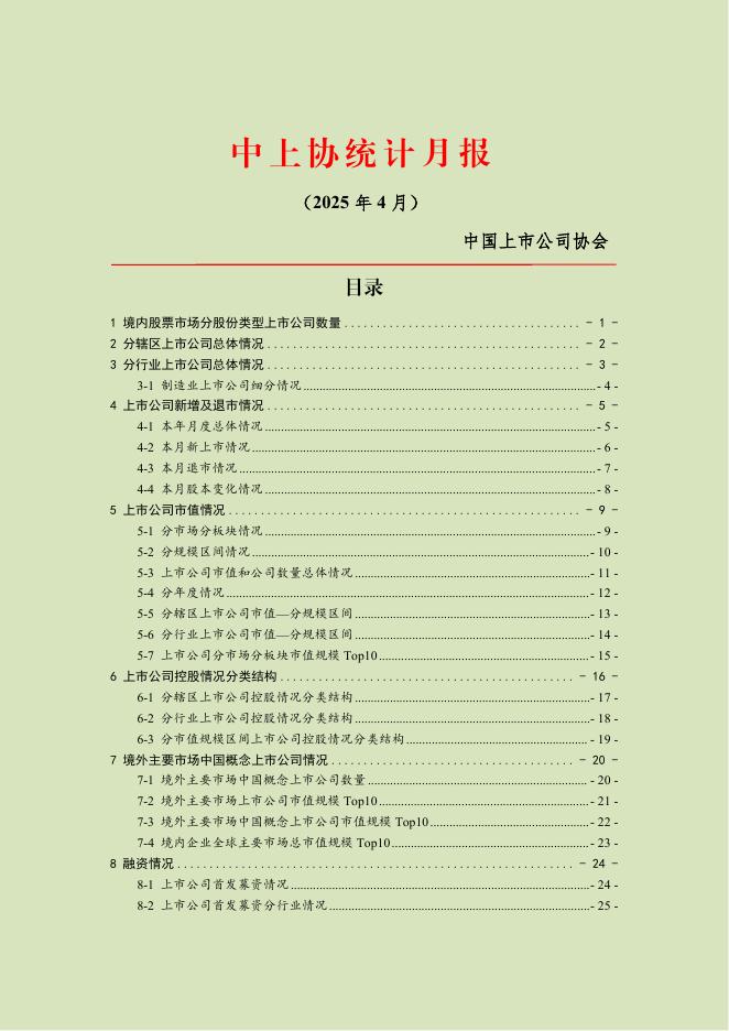 中国上市公司协会：中上协统计月报（2025年4月）