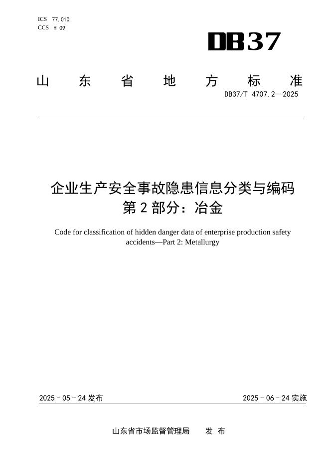 DB37/T 4707.2-2025 企业生产安全事故隐患信息分类与编码　第2部分：冶金