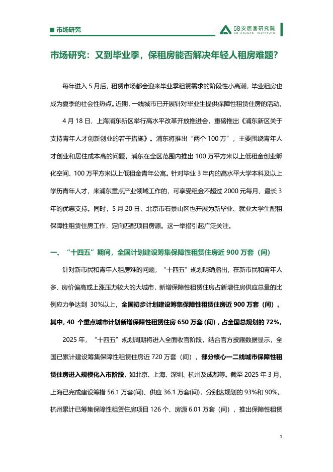 58安居客研究院：2025年市场研究报告：又到毕业季，保租房能否解决年轻人租房难题？