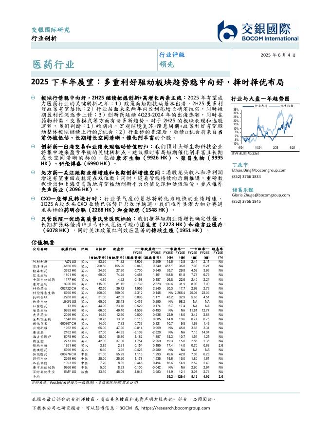 交银国际：医药行业2025下半年展望——多重利好驱动板块趋势稳中向好，择时择优布局