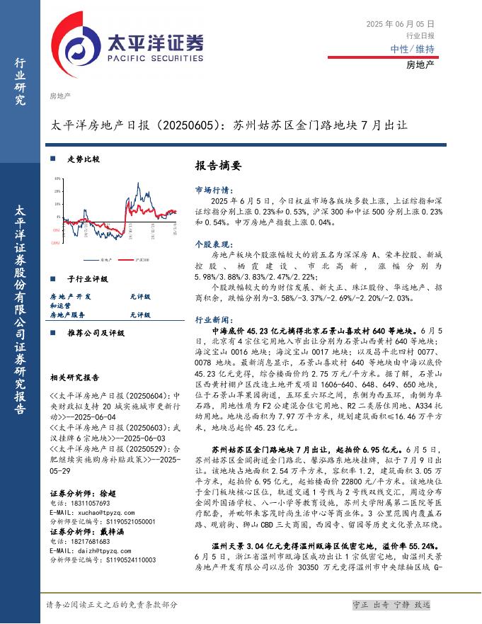 太平洋证券：房地产日报：苏州姑苏区金门路地块7月出让海报
