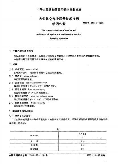 MH/T 1002.1-1995 农业航空作业质量技术指标 喷洒作业