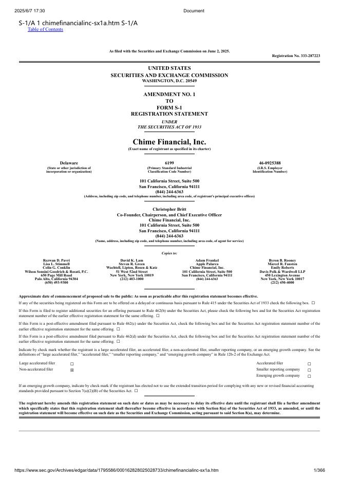 Chime Financial, Inc.美股纳斯达克IPO上市招股说明书