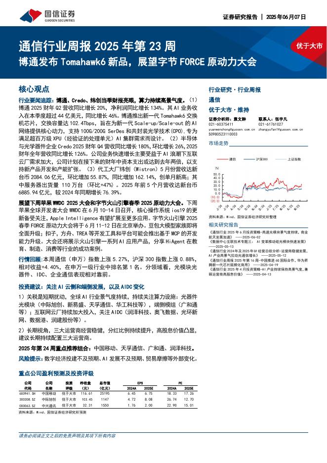 国信证券：通信行业周报2025年第23周：博通发布Tomahawk6新品，展望字节FORCE原动力大会海报
