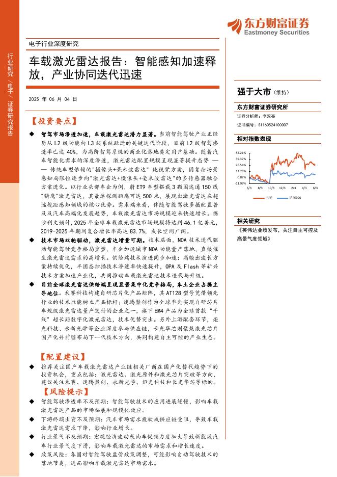 东方财富证券：电子行业深度研究-车载激光雷达报告：智能感知加速释放，产业协同迭代迅速海报
