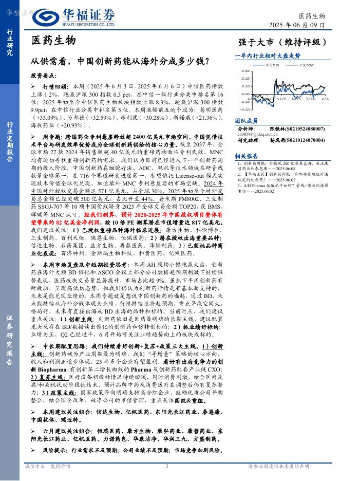 华福证券：医药生物行业定期报告——从供需看，中国创新药能从海外分成多少钱？海报
