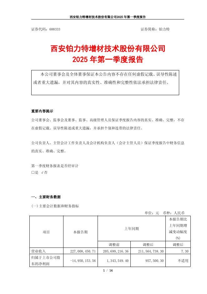 688333-铂力特：西安铂力特增材技术股份有限公司2025年第一季度报告(修订版)
