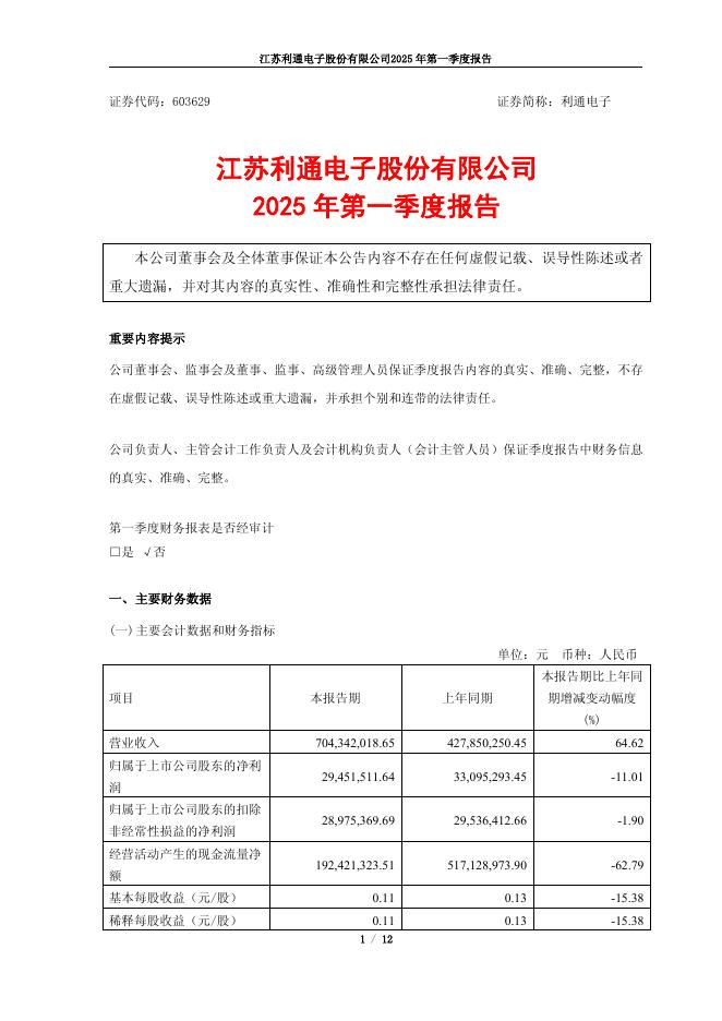 603629-利通电子：利通电子2025年第一季度报告(更正版)