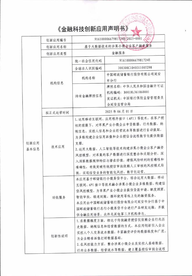 金融科技创新应用声明书：基于大数据技术的涉果小微企业客户融资服务海报