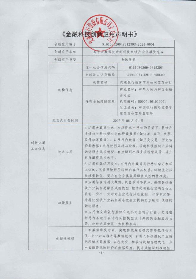 金融科技创新应用声明书：基于大数据技术的科技型钛产业链融资服务海报