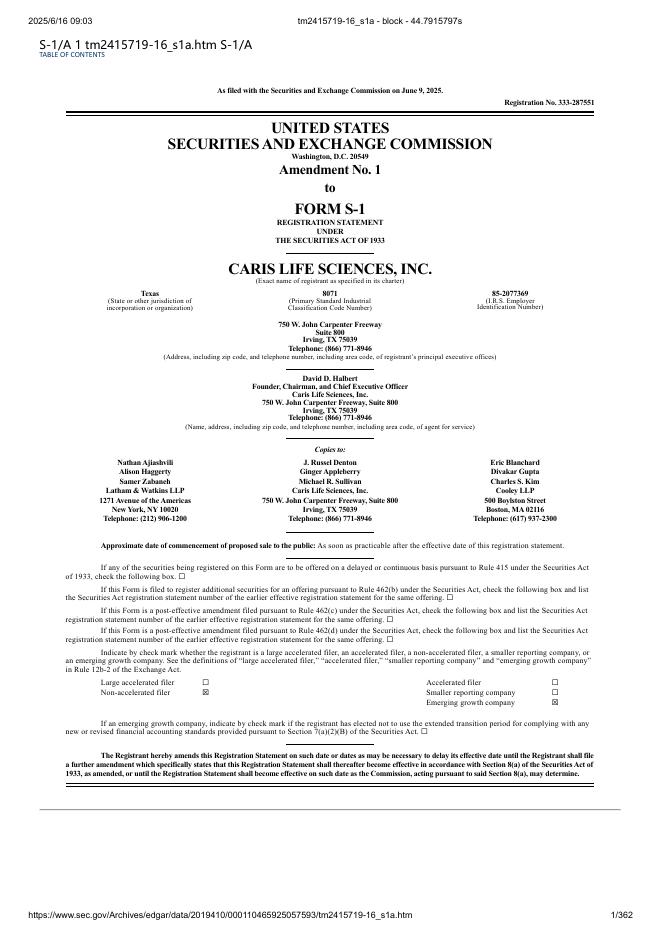 Caris Life Sciences, Inc.美股纳斯达克IPO上市招股说明书海报