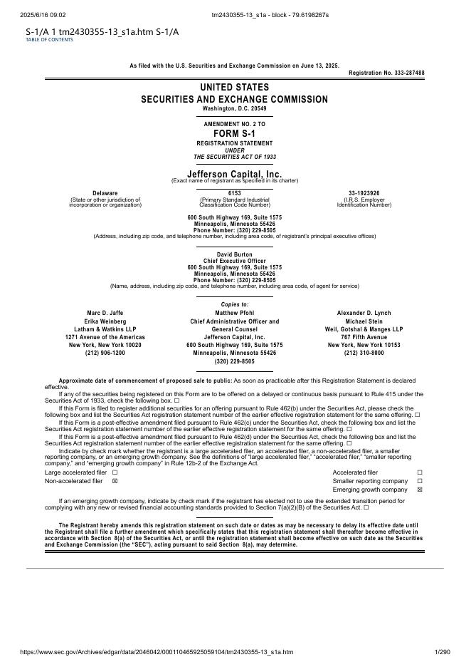 Jefferson Capital, Inc.美股纳斯达克IPO上市招股说明书海报