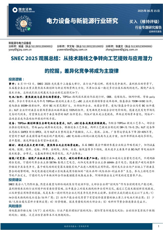 国金证券：电力设备与新能源行业研究：SNEC2025观展总结：从技术路线之争转向工艺提效与应用潜力的挖掘，差异化竞争将成为主旋律海报