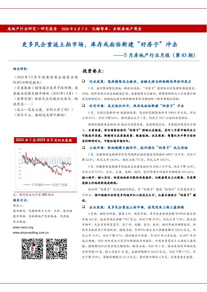 亿翰智库：5月房地产行业月报（第83期）：更多民企重返土拍市场，库存或面临新建“好房子”冲击海报