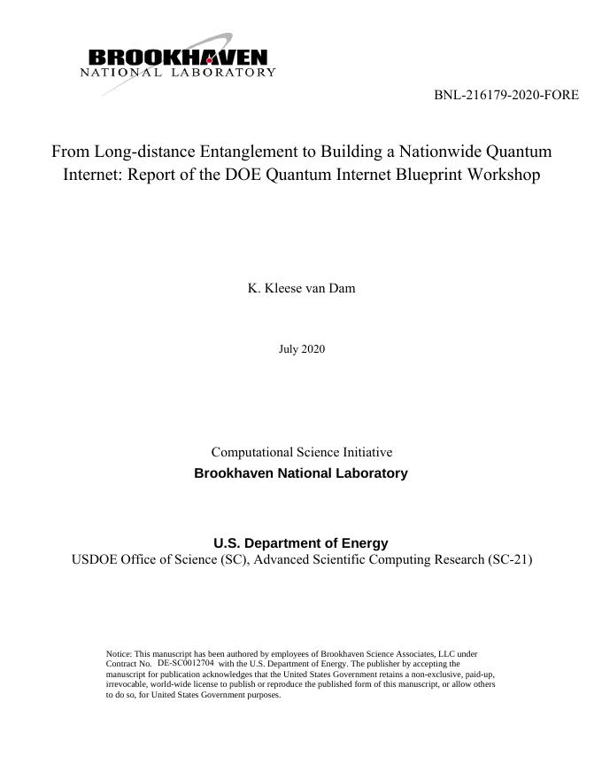 美国能源部（DOE）：2020年从远程纠缠到建设全国量子互联网：能源部量子互联网蓝图研讨会报告（英文版）