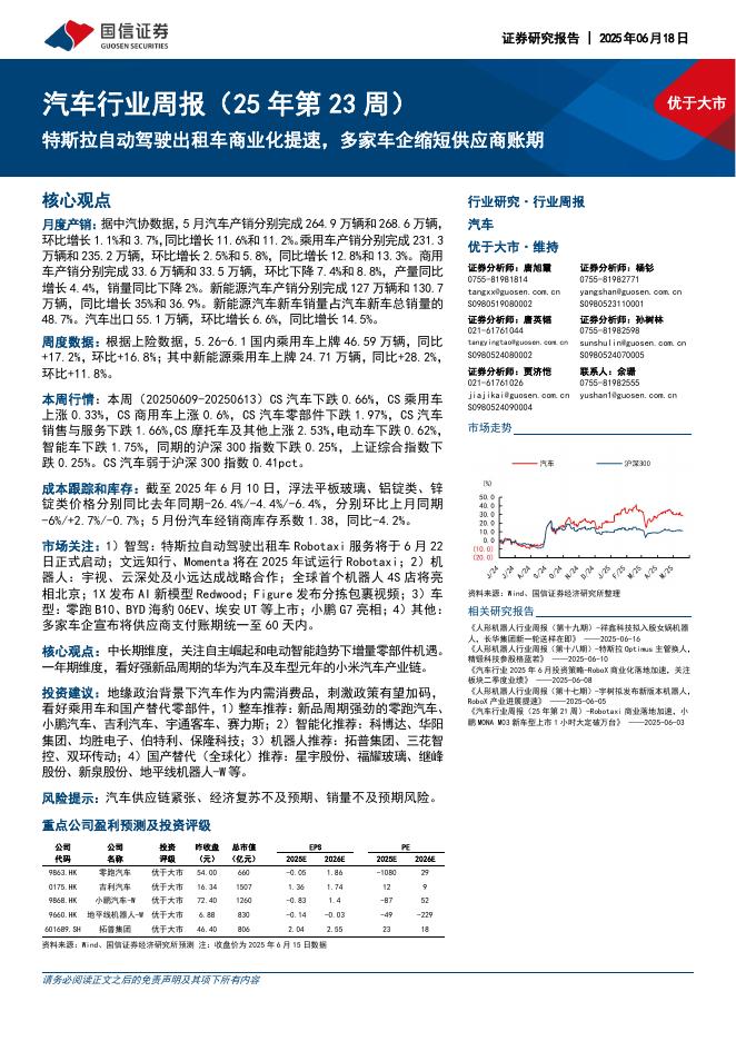 国信证券：汽车行业周报（25年第23周）：特斯拉自动驾驶出租车商业化提速，多家车企缩短供应商账期海报