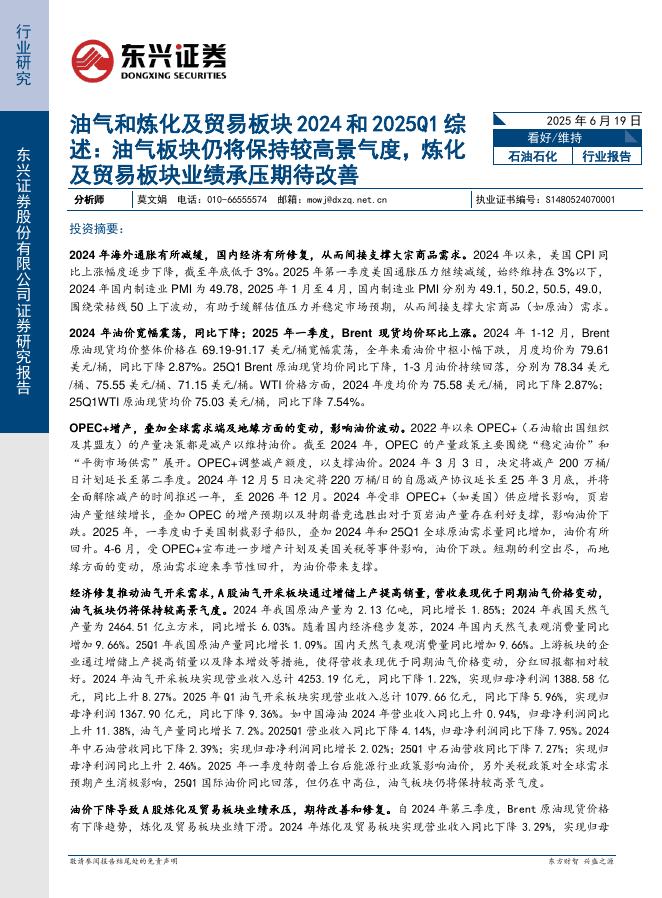 东兴证券：油气和炼化及贸易板块2024和2025Q1综述：油气板块仍将保持较高景气度，炼化及贸易板块业绩承压期待改善海报