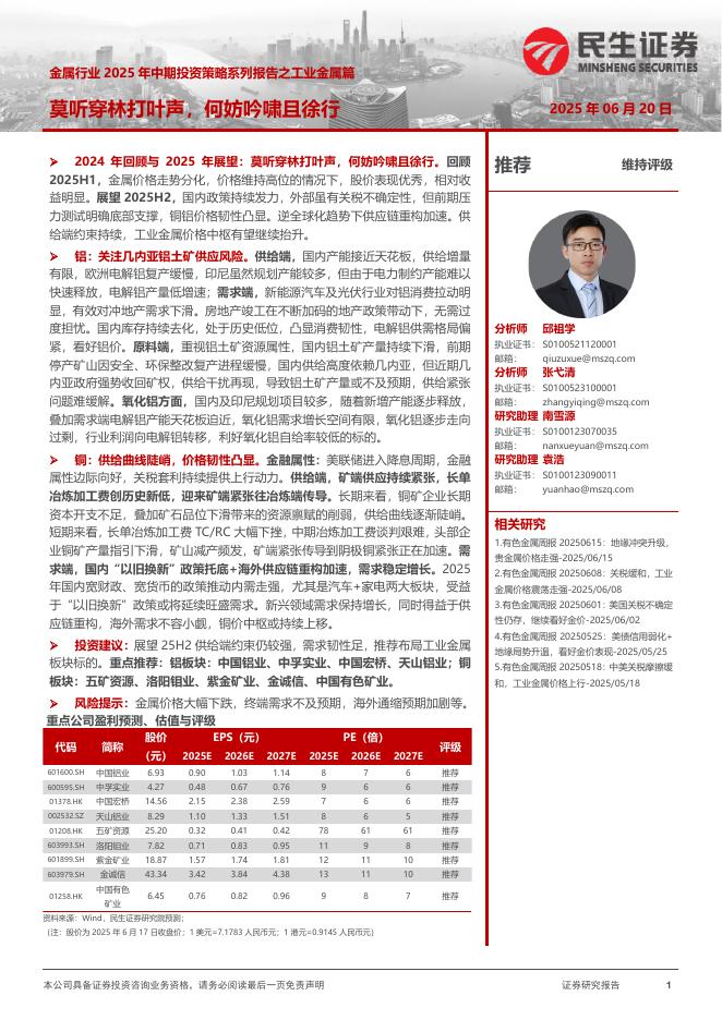 民生证券：金属行业2025年中期投资策略系列报告之工业金属篇：莫听穿林打叶声，何妨吟啸且徐行海报