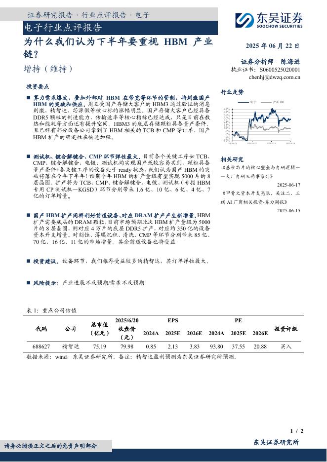 东吴证券：电子行业点评报告：为什么我们认为下半年要重视HBM产业链？海报