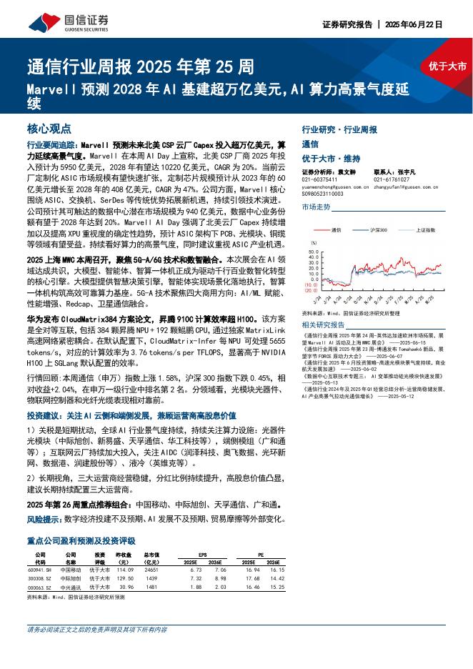 国信证券：通信行业周报2025年第25周：Marvell预测2028年AI基建超万亿美元，AI算力高景气度延续海报
