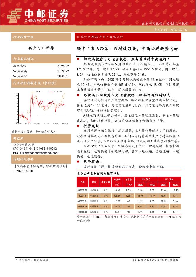 中邮证券：快递行业2025年5月数据点评：顺丰“激活经营”促增速领先，电商快递趋势向好海报