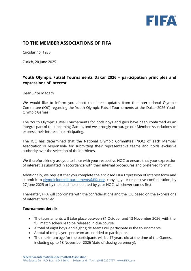 国际足联（FIFA）：2026年达喀尔青年奥运会室内五人制足球比赛第1935号通告（英文版）海报