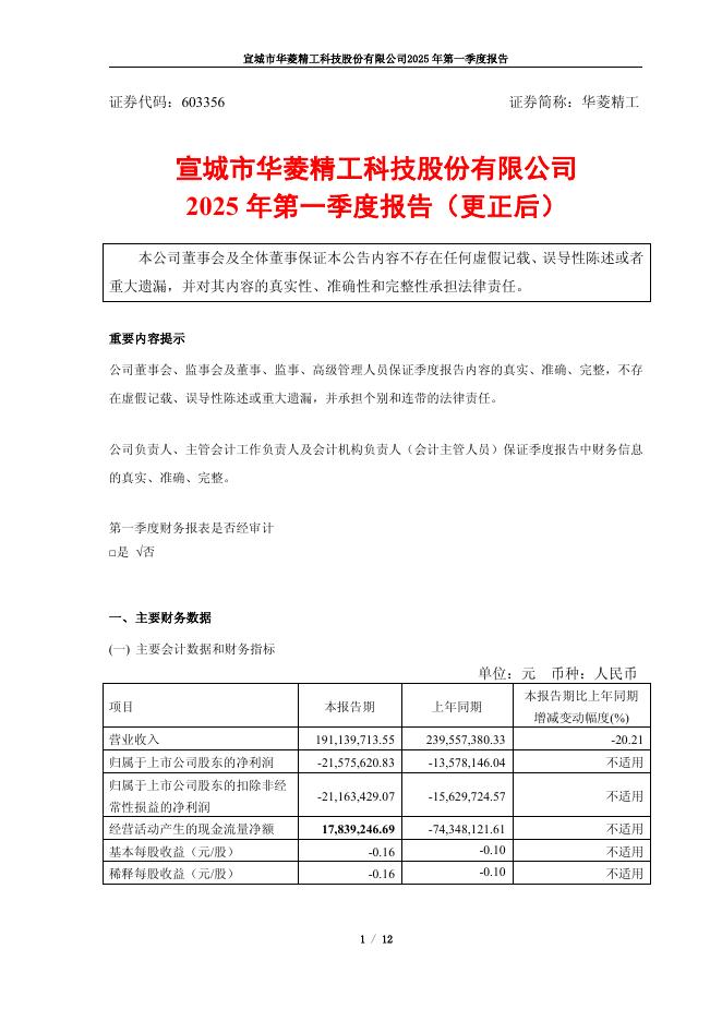 603356-华菱精工：2025年第一季度报告(更正后)