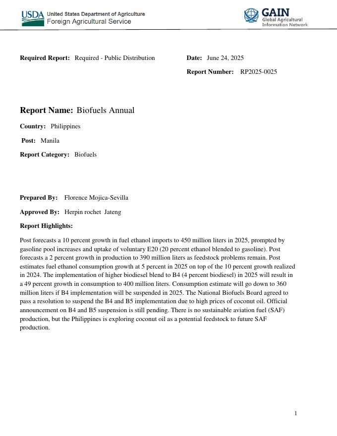 美国农业部（USDA）：2025年菲律宾生物燃料市场年度报告（英文版）海报