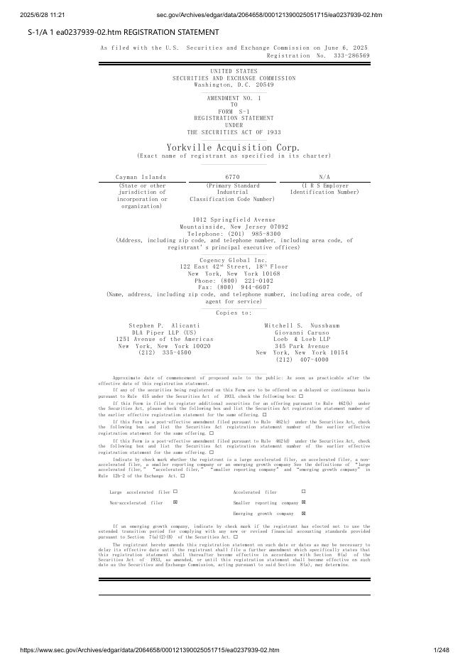 Yorkville Acquisition Corp.美股纳斯达克IPO上市招股说明书